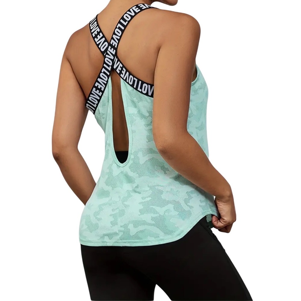Womens Athletic Tank Top XXL‎ Mint Camo Cross Back LOVE Straps Gym Workout